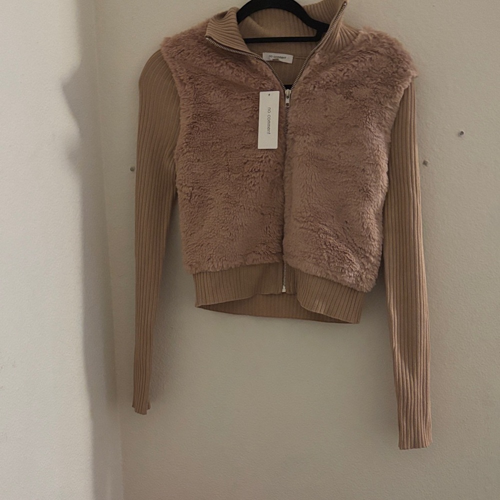 Cozy Tan Teddy Jacket with Ribbed Sleeves - Picture 1 of 2